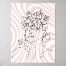 Blommig kvinna Linjekonst Väggposter, Boho-estetik