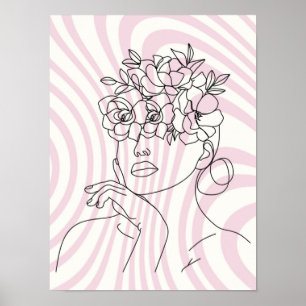 Blommig kvinna Linjekonst Väggposter, Boho-estetik Poster