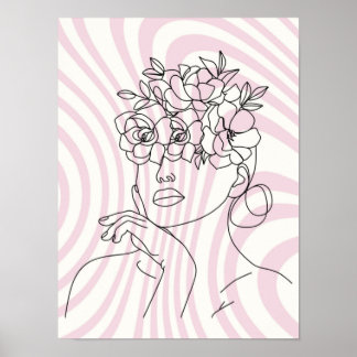Blommig kvinna Linjekonst Väggposter, Boho-estetik Poster