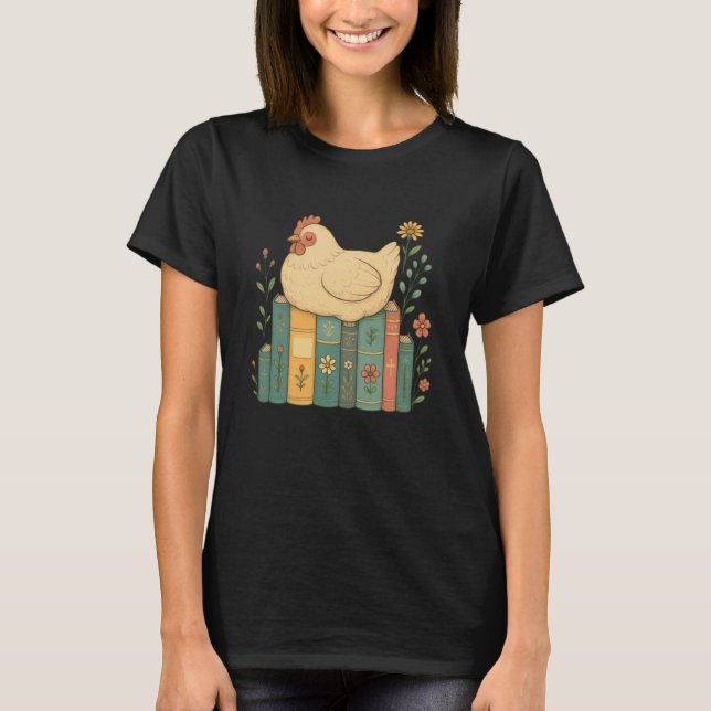 Blommig kyckling som sover på böcker t shirt (Framsida)