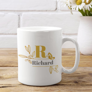 Blommig lagerblad Initialbokstav Monogram Namn Kaf Kaffemugg