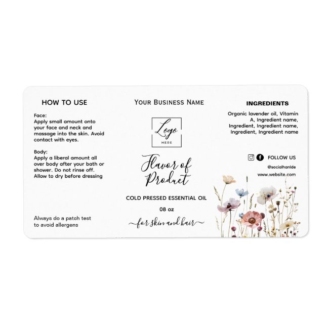 Blommig Lägg till din logotyp Väsentlig Olja Flask Fraktsedel (Framsidan)