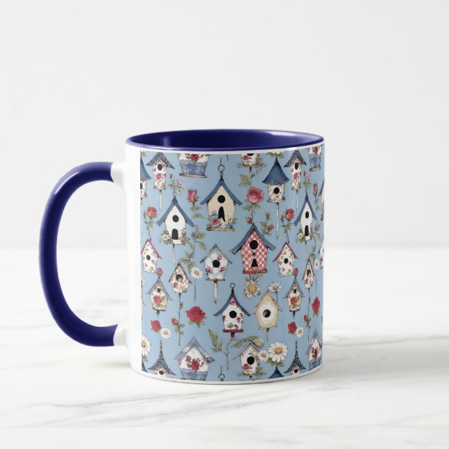 Blommig lapptäcke fågelhus & himmelblå bakgrund mugg (Vänster)