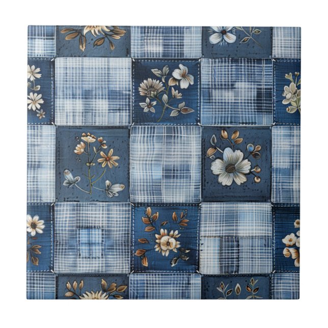 Blommig lapptäcke mönster | Boho Denim Kakelplatta (Framsidan)
