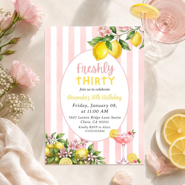 Blommig Lemon Färsk Rosa Lemonad 30-årsdag Inbjudningar (Skapare uppladdad)