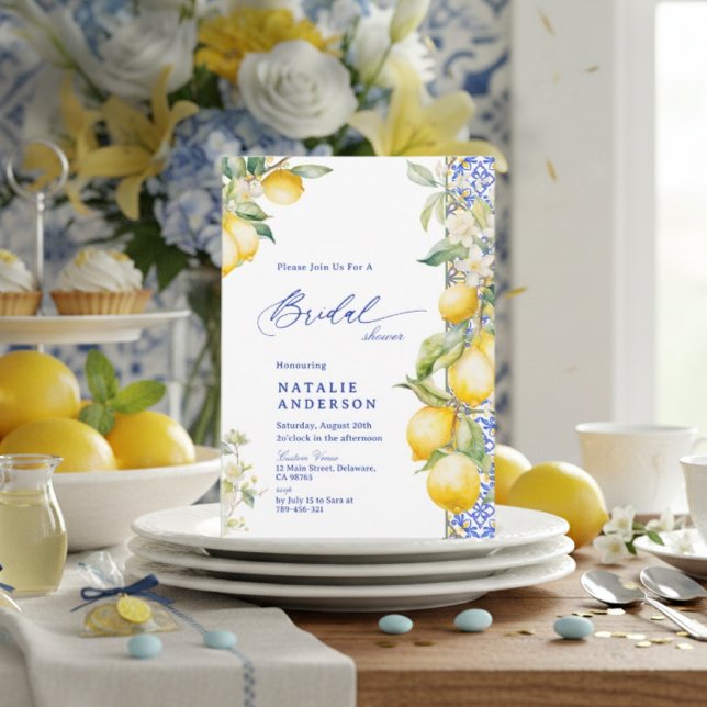 Blommig lemon mediteransk blå kakel bröllopsdusch inbjudningar (Floral Lemon Mediterranean Blue Tile Bridal Shower Invitation)