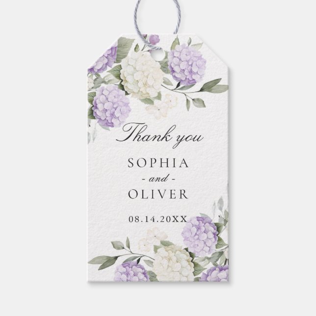 Blommig lila Hydrangea Grönska Bröllop Tack Presentetikett (Framsidan)