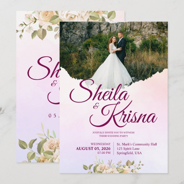Blommig lila och rosa elegans Bröllop med foto Inbjudningar (Fram/baksida)