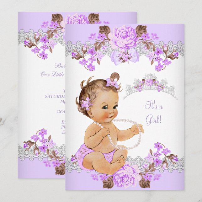 Blommig lila prinsessa baby shower brunett flicka inbjudningar (Fram/baksida)