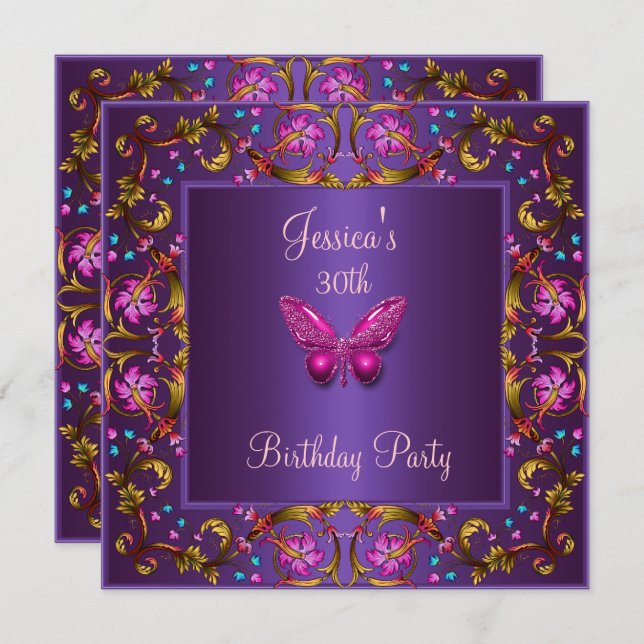 Blommig lila rosa fjäril 30-års födelsedagsfest inbjudningar (Fram/baksida)