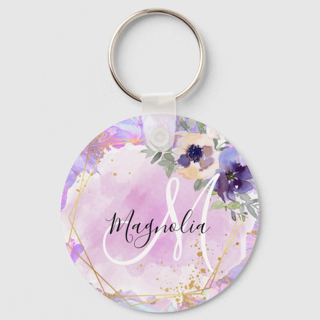 Blommig lila, rosa och guld regnbågsmarmor-monogra nyckelring (Framsida)