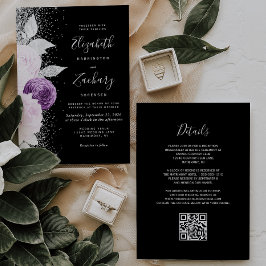 Blommig Lila Silver Glitter Svart QR-kod Bröllop Inbjudningar