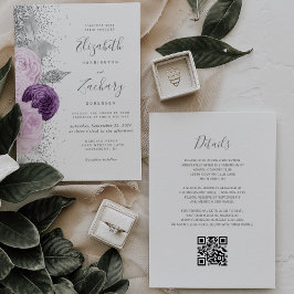 Blommig lila silverglitter vit QR-kod Bröllop Inbjudningar