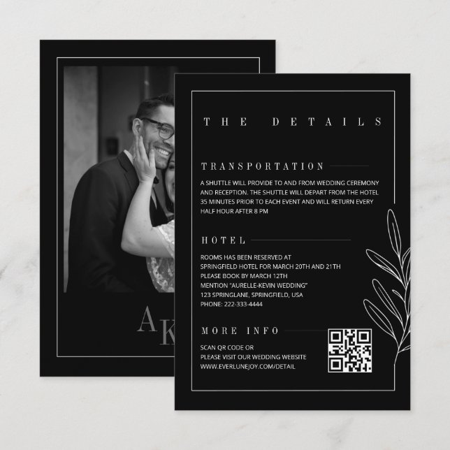 Blommig linje rustik svart elegant bröllopsdetalj tilläggskort (Fram/baksida)