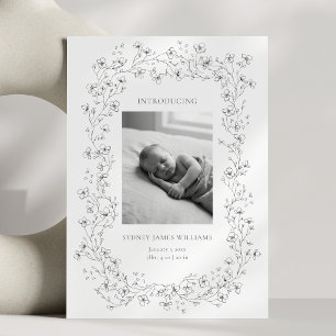 Blommig linjekonst Foto Svart Vitt Elegant Födelse Meddelande
