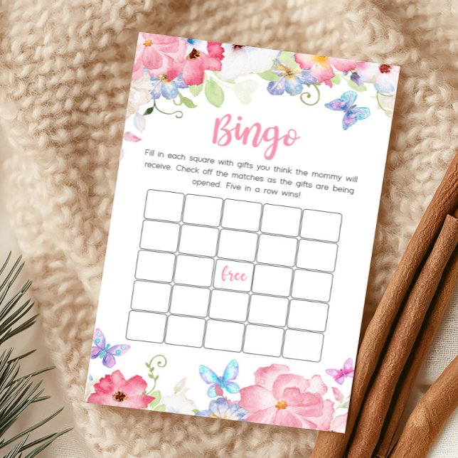 Blommig liten fjäril Baby Shower Bingo spel (Butterflies Baby Shower Bingo Game)