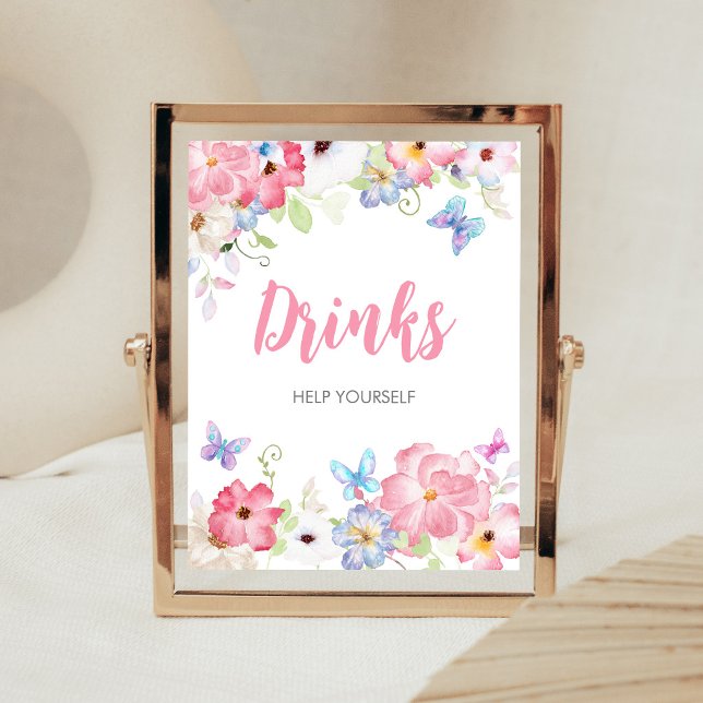 Blommig liten fjäril Baby Shower Dryckes skylt (Butterflies Baby Shower Drinks Sign)