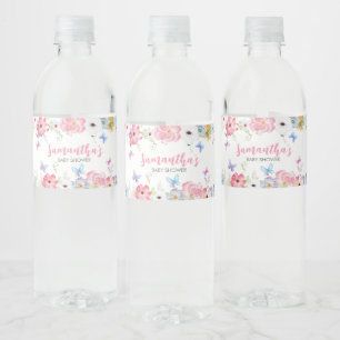 Blommig liten fjäril baby shower vattenflaskor etikett