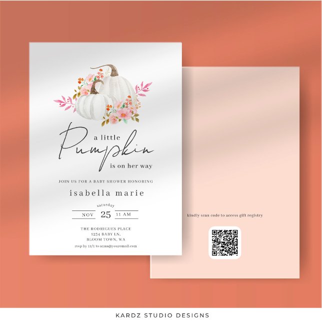 Blommig liten pumpa baby shower inbjudningar (Front and back of invitation shown in 5 x 7 in. Select corner and paper style before checkout.)