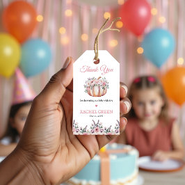 Blommig liten pumpa present till babykalas presentetikett