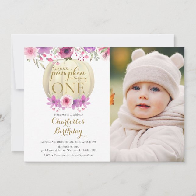 Blommig liten pumpaflicka 1-års fotobild inbjudningar (Framsida)