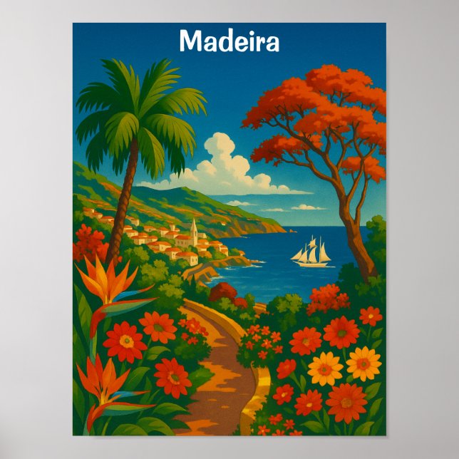 Blommig Madeira Vintage Resa Konst Färgrik Poster (Framsidan)