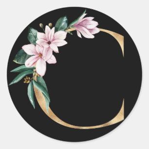 Blommig magnolia-monogram i guld bokstav C Runt Klistermärke