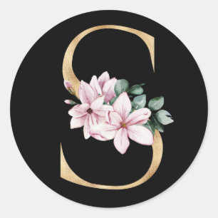 Blommig magnolia-monogram i guld bokstav S Runt Klistermärke