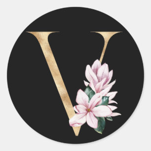 Blommig magnolia-monogram i guld bokstav V Runt Klistermärke