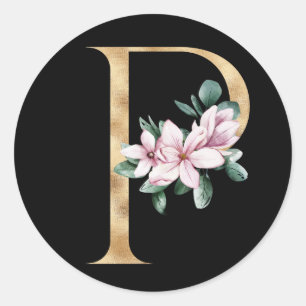 Blommig magnolia-monogram i guldbokstav P Runt Klistermärke