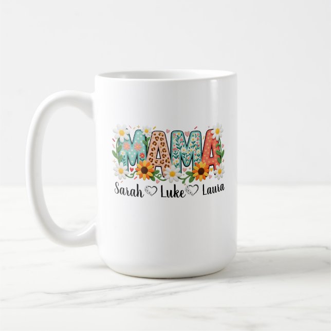Blommig Mamma med Barnens Namn Kaffe Mugg (Vänster)