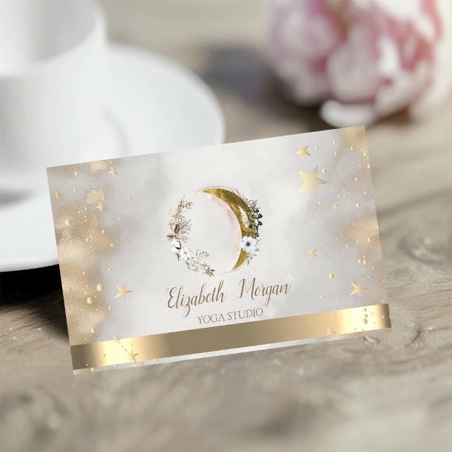 Blommig Mån Guld Stjärnor Guld  Yogastudio Visitkort (Skapare uppladdad)
