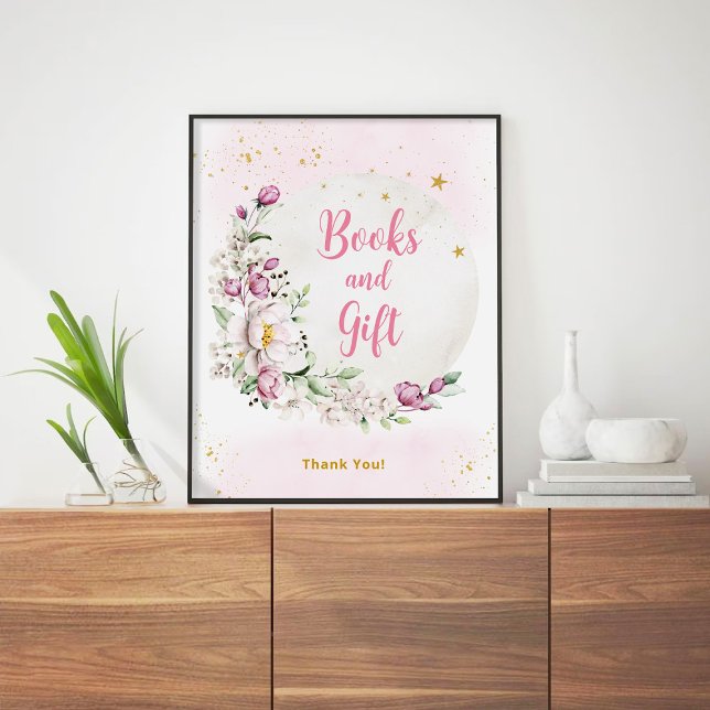 Blommig mån rosa böcker och present  poster (Skapare uppladdad)