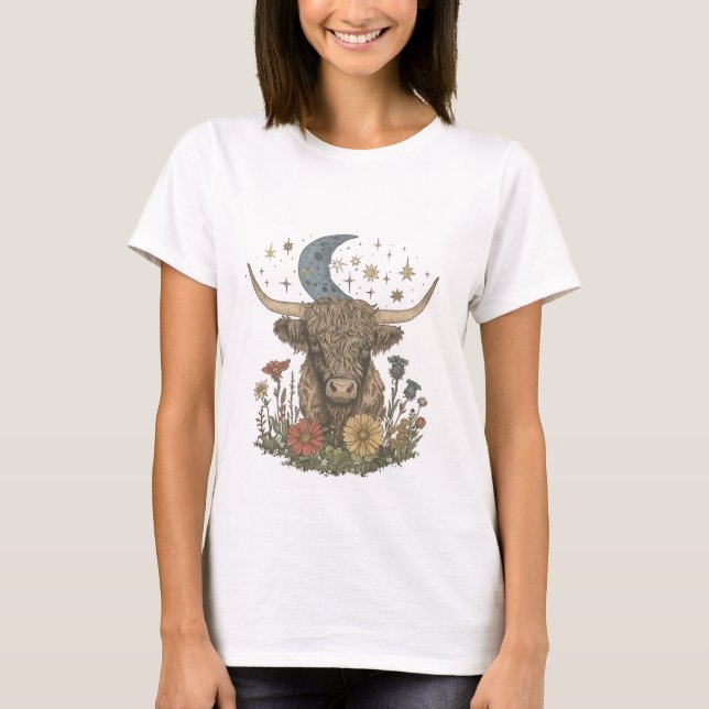 Blommig mån vintage stuga Highland ko T Shirt (Framsida)