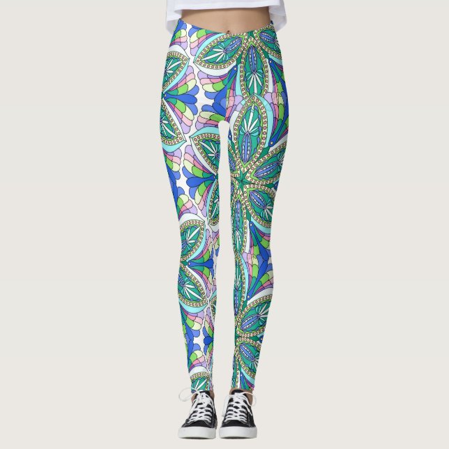 Blommig mandala-design, levande pastellfärger leggings (Framsida)