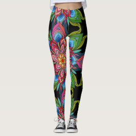 Blommig Mandala, Levande flerfärgad på svart Leggings
