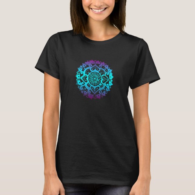 Blommig Mandala-mote Blå Och Lila Boho-konst   T Shirt (Framsida)