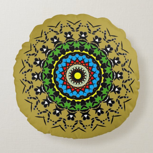 Blommig Mandala Sömlös Rund Kudde (Framsidan)