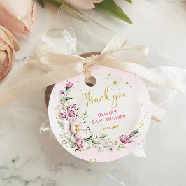 Blommig måne rosa baby shower tack gåvor etiketter