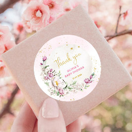 Blommig måne Rosa Baby Shower Tack Runt Klistermärke