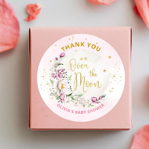 Blommig måne rosa baby shower tack runt klistermärke