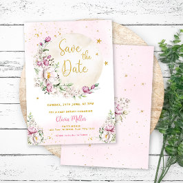 Blommig månrosa baby shower Spara datum-kort Inbjudningar