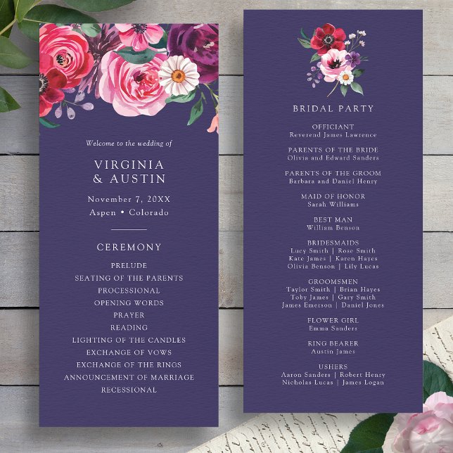 Blommig Marinblå Bröllopsprogram Program (Watercolor Floral Navy Blue Wedding Program by Painted Paperie
)