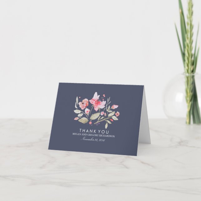 Blommig marinblå och rosa akvarell tacksamhetskort tack kort (Framsida)