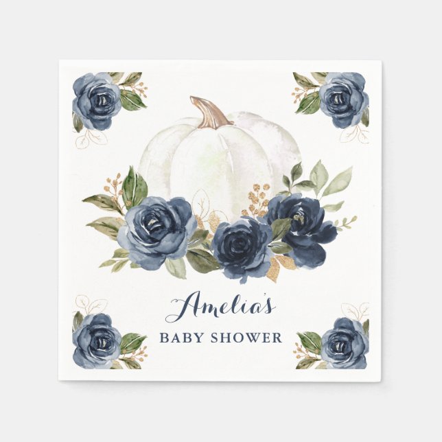 Blommig marinblå pumpa höst baby shower pappersservett (Framsidan)