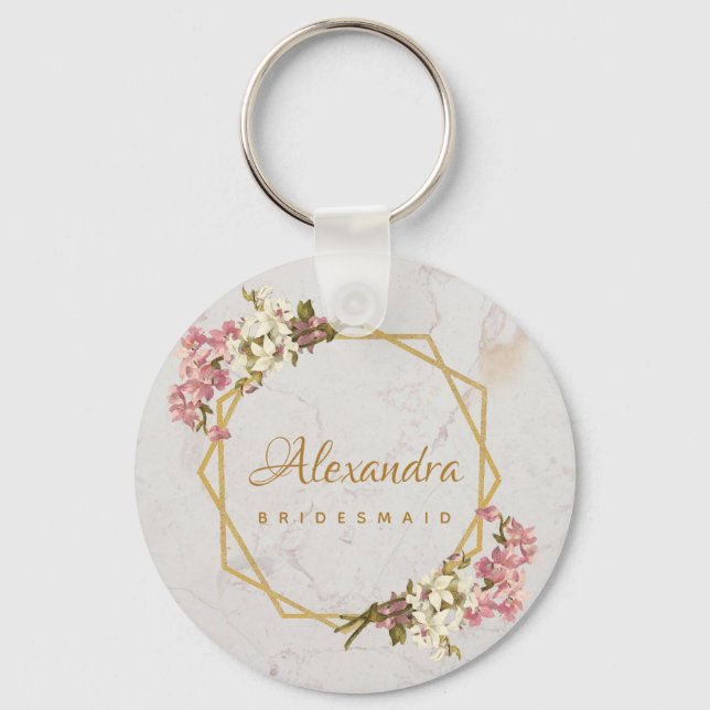 Blommig marmorerad guldorkidéer geometriska brudtä nyckelring (Framsida)