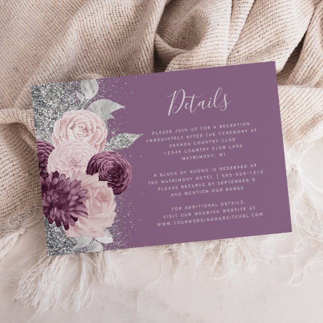 Blommig Mauve Rodnad Silver Bröllopsdetaljer Tilläggskort (Skapare uppladdad)