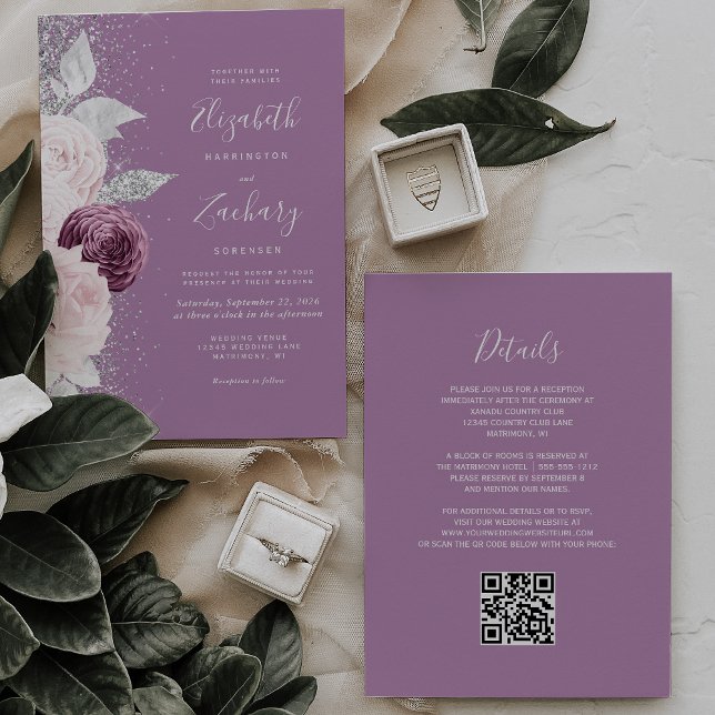 Blommig Mauve Rosenskär Silver Glitter QR-kod Bröl Inbjudningar (Skapare uppladdad)