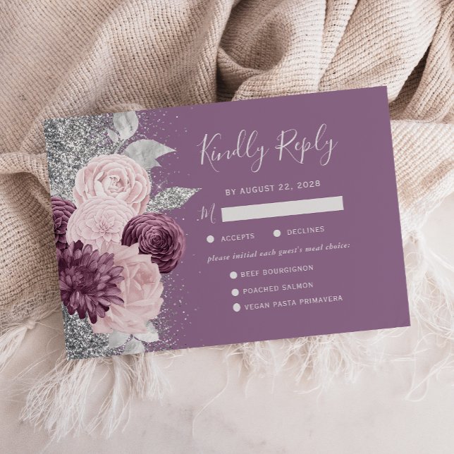 Blommig Mauve Rosenskär Silver Måltidsval Bröllop OSA Kort (Skapare uppladdad)