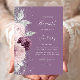 Blommig Mauve Rosenskiftande Silver Glitter Bröllo Inbjudningar